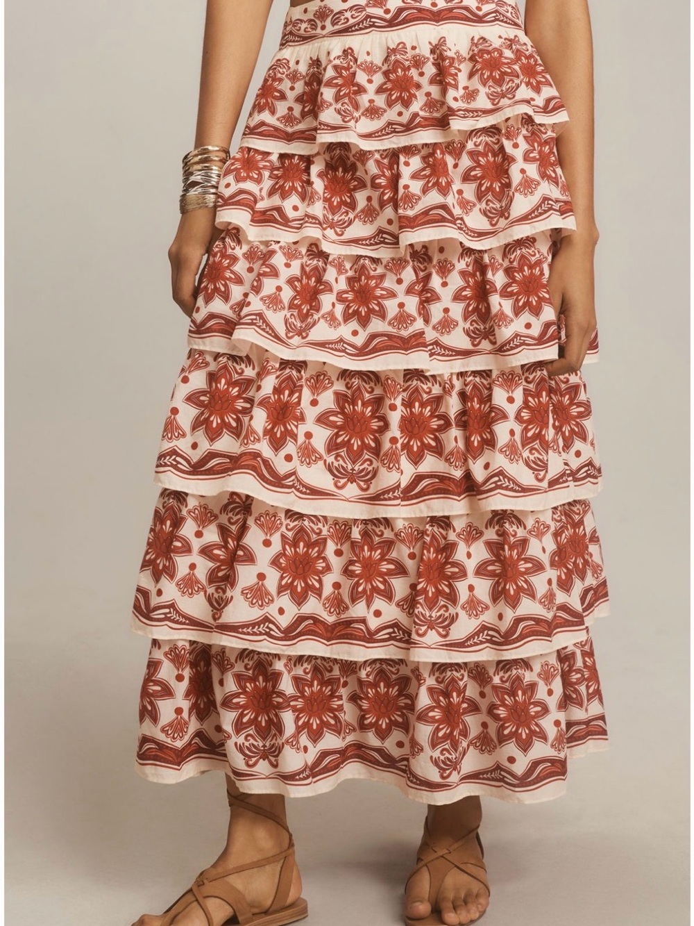FARM Rio Cream Maxi Skirt with Rust Floral Print